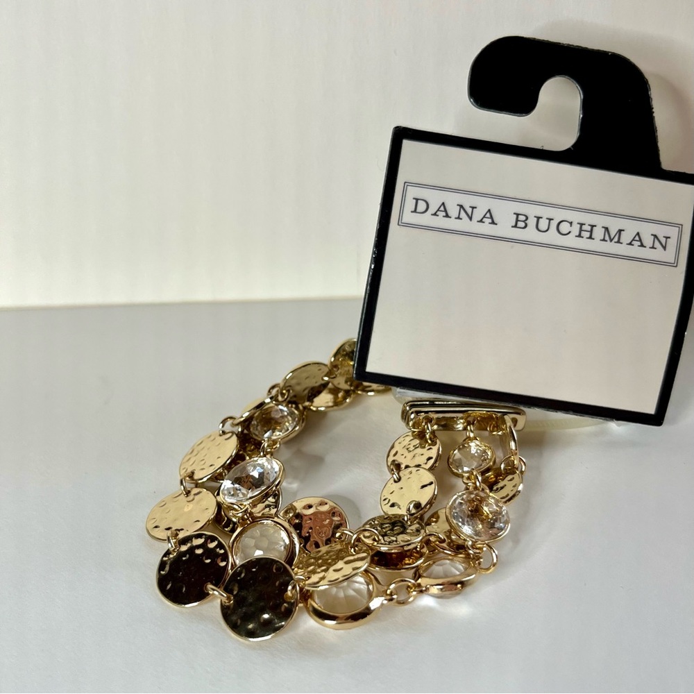 Dana Buchman Statement Bracelet. Hammered Gold Tone Discs and Clear Bezels.
